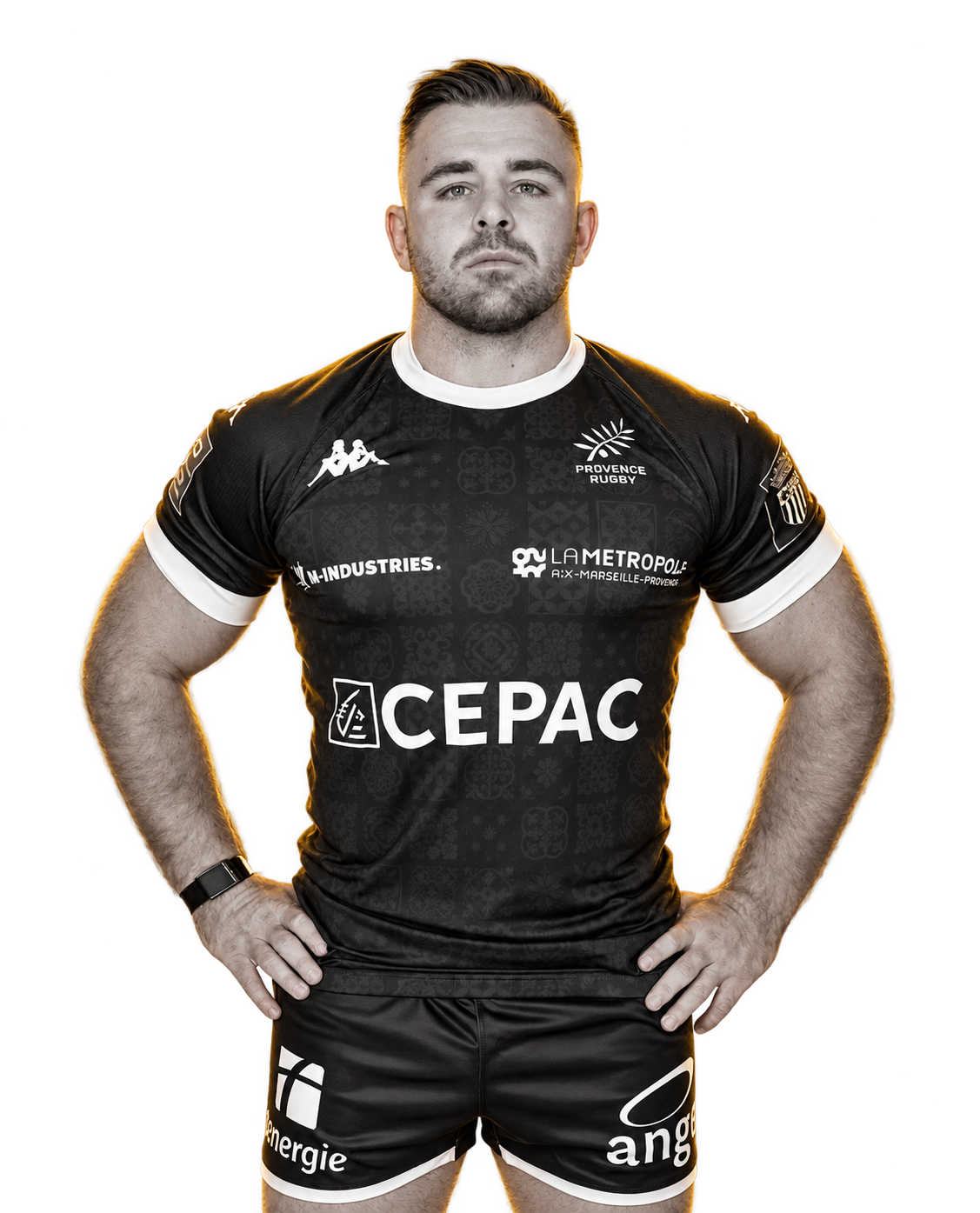Andrea Pontanier en tenue de Provence Rugby, portrait aux reflets dorés